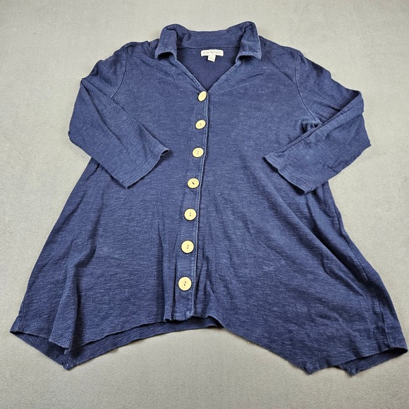Kim Rogers Tops - Kim Rogers Navy Blue Cotton Slub Knit Button Front Tunic Top Sharkbite Hem L